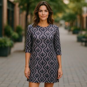 LBISSE‎ Shift Dress Womens Large Grayish Taupe Black Abstract Print Knee Length